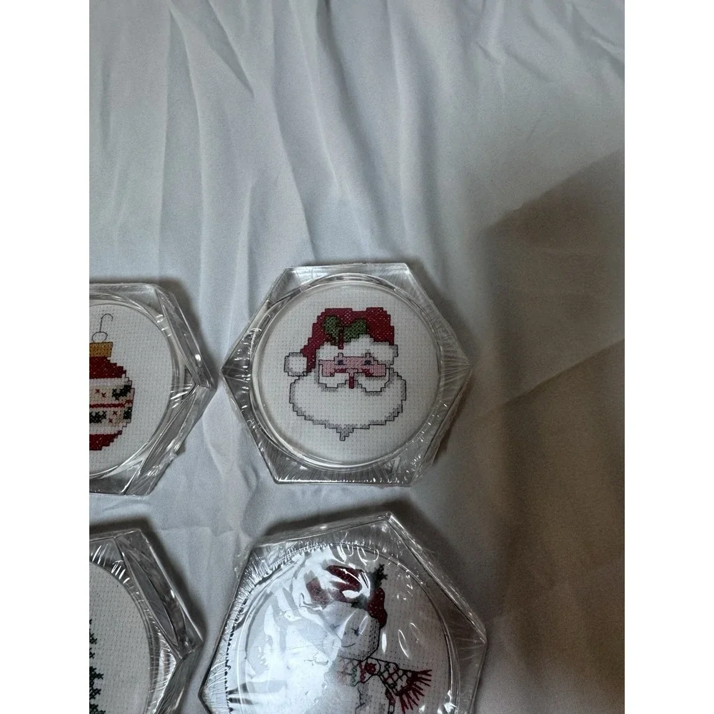 Set of 4 Clear Acrylic Hexagon Christmas Coasters Counted Cross Stitch Vtg New